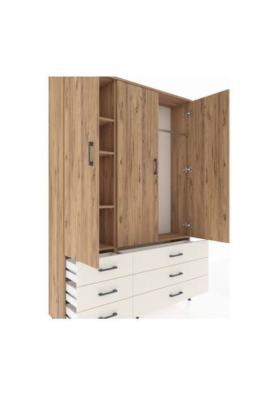 Arges Dolap 5 Raflı 6 Çekmeceli Tek Askılı 132x30x195 Çam-çam... Çam
