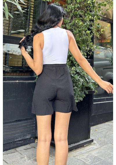 WeShaya Siyah Lastik Bel Bağcıklı Şort Siyah
