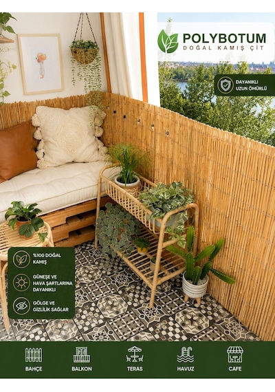 Polybotum Premium Doğal Kamış Hasır Balkon Çiti 50x300 Cm Sık D