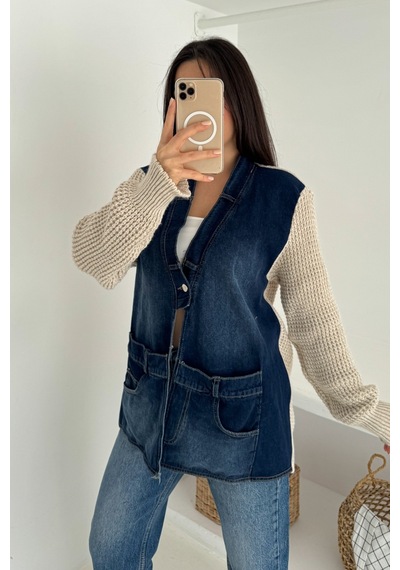 Femelle Bej Kolları Ve Sırtı Triko Kot Denim Oversize Hırka Cepli Standart Beden
