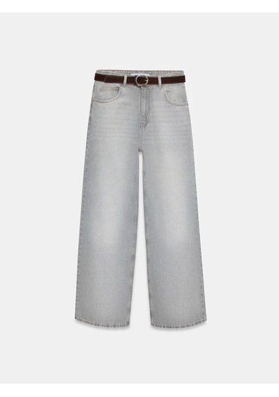 Dilvin 72288 %100 Pamuk Kemerli Wide Leg Jean-gri Gri