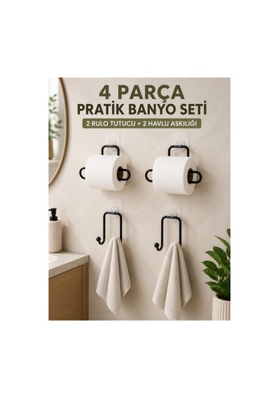 Pratik Banyo Düzenleme Seti 2 Adet Rulo Kağıt Tutucu 2 Adet Havlu Askılığı Altın
