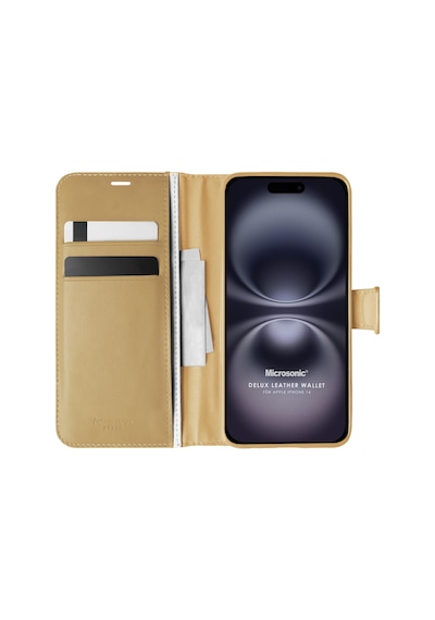 Microsonic Apple Uyumlu iPhone 16 Kılıf Delux Leather Wallet Gold -