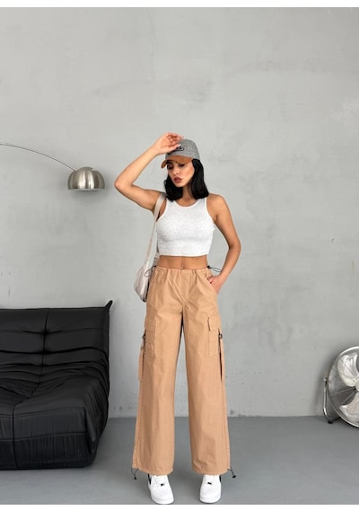 Paraşüt Kumaş Kargo Cepli Pantolon Kahverengi+camel