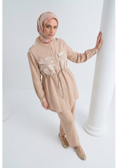 Armine Trend Çiçek Desenli Beli Büzgülü Tunik Ve Geniş Paça Pantolonlu Takım Bej 26yt6156