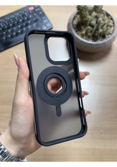 Apple Uyumlu iPhone 16 Pro Max Standlı Ve Yüzüklü Magsafe Kılıf Siyah