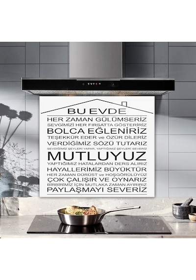 Decorita Cam Ocak Arkası Koruyucu |Bu Ev-Beyaz Fon| 52cm x 60cm