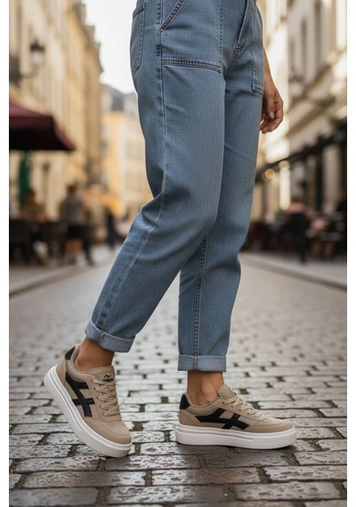 In Step Meengi Unisex Bej Siyah Detaylı Günlük Spor Ayakkabı - Sneaker