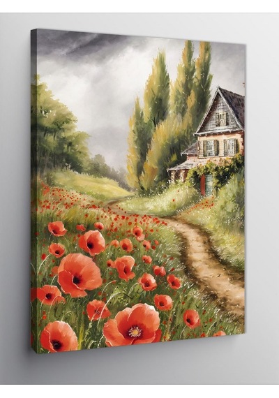 Kanvas Tablo Kır Evi Ve Gelincik Çiçekleri 100cmx140cm