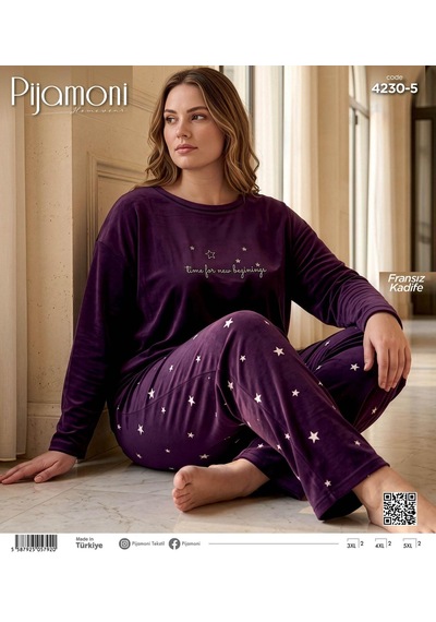 Pijamoni Kadın Battal Fransız Kadife Pijama Takımı 42305 - 1 Adet Mor