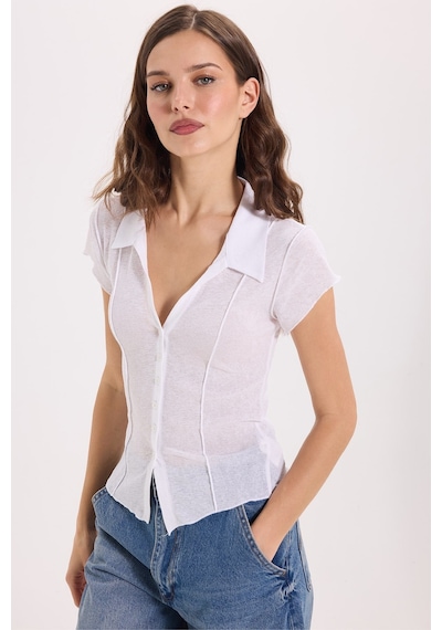 Tudors Kadın Slim Fit Dar Kesim Kısa Kollu Dikiş Detaylı Dokulu Düğmeli Beyaz Bluz Gömlek