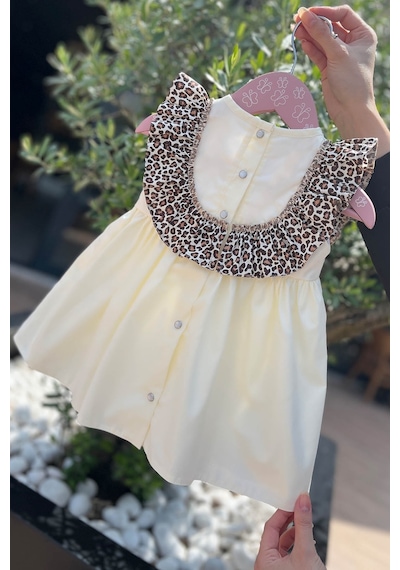 Leopar Fırfırlı Kız Çocuk Bebek Ekru Pamuk Elbise 001