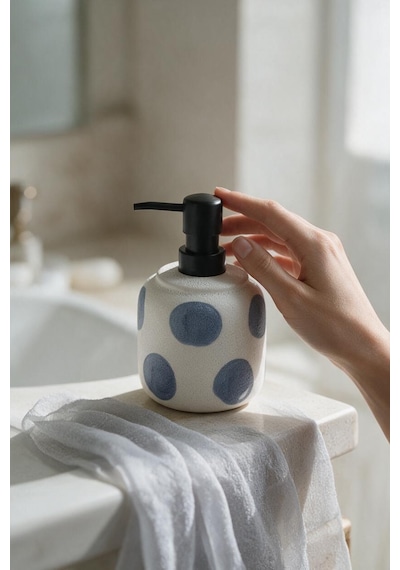 Taş Dokulu Porselen Sıvı Sabunluk Mavi Benekli 300ml Beyaz/mavi