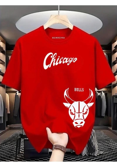 Chıcago Bulss Baskılı Oversize Tişört Kirmizi