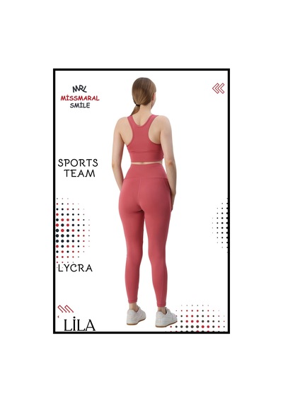 Missmaral Kadın Alt Üst Takım Fitness Pilates Koşu Sporcu Slim Fit Tayt Çift Cep Yüksek Bel Likralı Gül 3065 Gül Kurusu