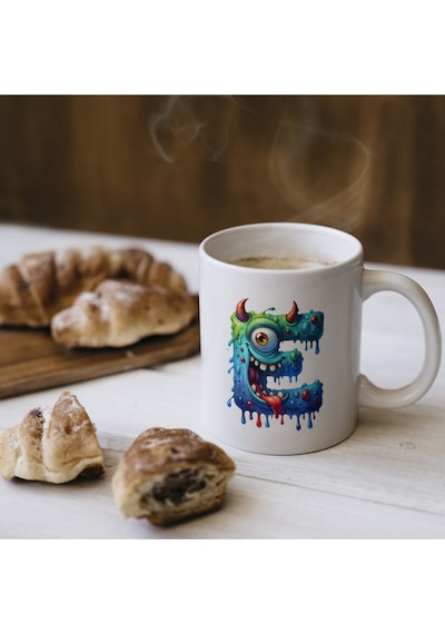 E Harfi Bardak, Sevimli Canavarlar Harflı Bardak Hediyesi Porselen Beyaz