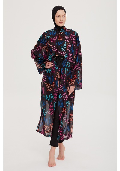 Remsa Mayo Remsa Tesettür Mayo Üzerine Tek Kaftan Kimono Pareo Rp013 Neon Siyah