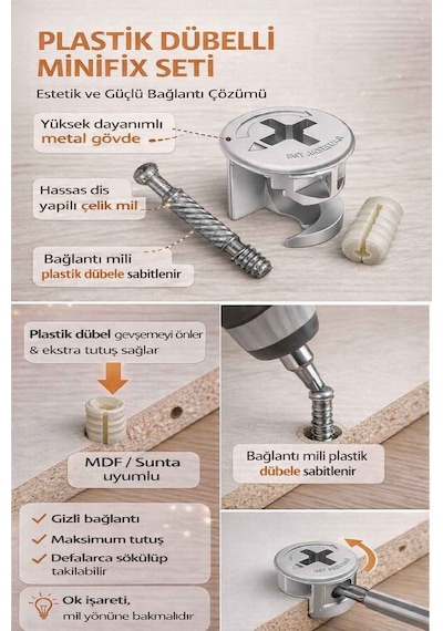 İmt Aksesuar Plastik Dübelli Minifix Gövde Mil Ve Dübel Seti - Mobilya Bağlantı Elemanı 20 Parça Metalik