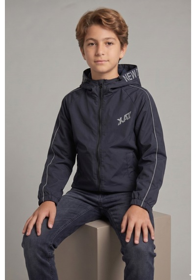 Erkek Çocuk Kapüşonlu Kolları Şeritli Baskılı Bondik Kumaş Mevsimlik Mont Mm5011 Lacivert