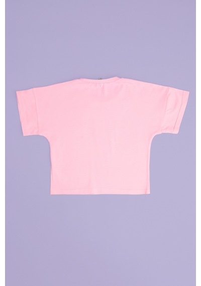Fullamoda Kurdele Kabartma Baskılı Kız Çocuk Crop Tişört Pembe