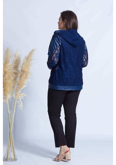 Moda Berray 4031 Lacivert Fermuarlı Derili Kombin Dantel Büyük Beden Ceket Lacivert