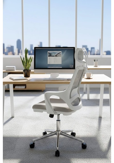 Ofisbazaar Buya Beyaz Fileli Ofis Koltuğu Ergonomik Ve Modern Tasarım Gri Gri