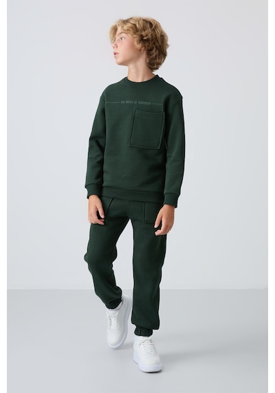 Tommylife Çam Yeşil Pamuklu Kalın İçi Tüylü Yumuşak Dokulu Standart Fit Baskılı Erkek Çocuk Eşofman Takım - 1 Yeşil