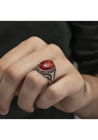 Oval Sentetik Kehribar Taşlı 925 Gümüş Erkek Yüzük