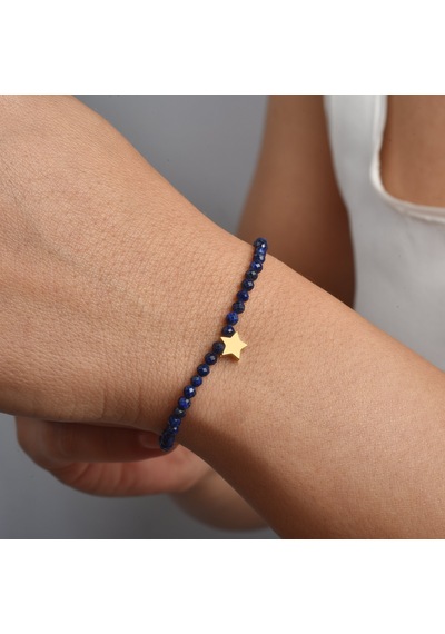 14 Ayar Altın Kaplama Lapis Lazuli Doğal Taşlı Yıldız Gümüş Bileklik - Bgs00107 Altın