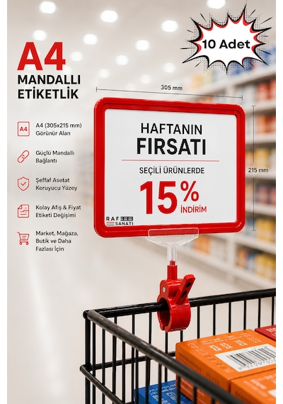 10 Adet - A4 Mandallı Fiyatlık Etiketlik Sepet Raf Askılık Fiyat Etiketi Çerçeveli Market Mağaza Kırmızı