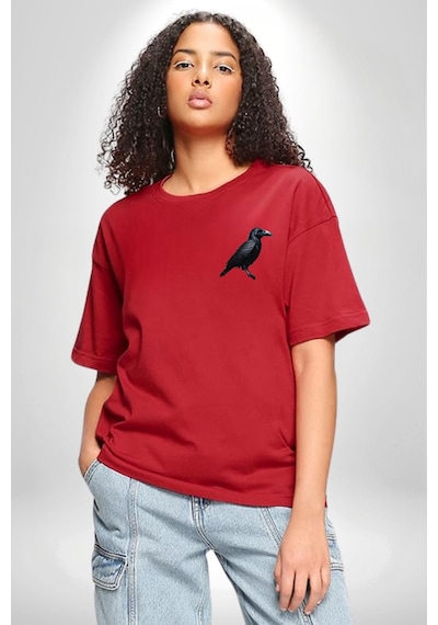 3 Gözlü Kuzgun Kırmızı Oversize Unisex Ön Ve Sırt Baskılı Tişört Kırmızı