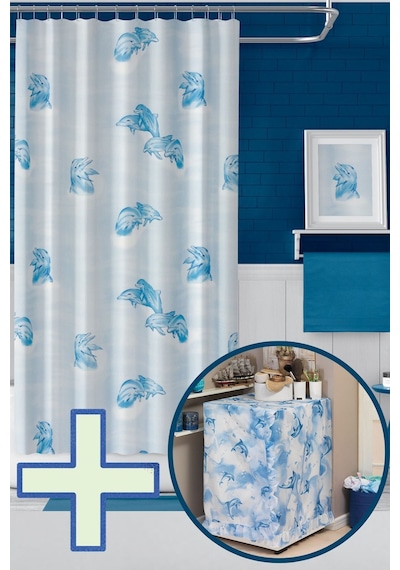 Banyo Perdesi 1x110x200 Tek Kanat Duş Perdesi Halka Hediyeli Ve Çamaşır Makina Örtüsü 7085 Mavi