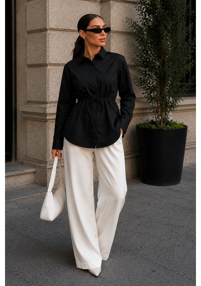 Madmext Siyah Belden Bağlamalı Oversize Cepli Gömlek Mg2798
