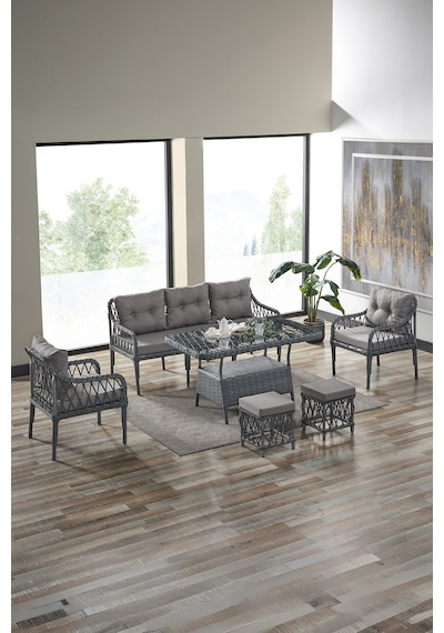 Joy Rattan Puflu Bahçe Balkon Takımı 3+1+1+camlı Masa Cappuccino Cappuccino