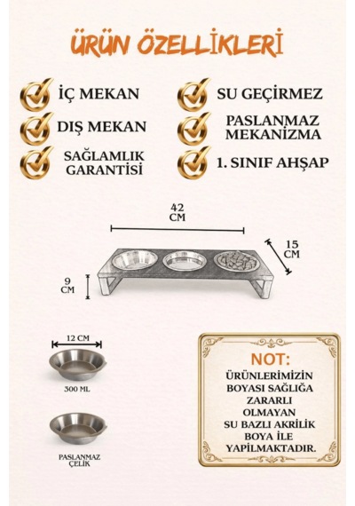 Reyo Ok-ay Store Yükseltilmiş Kedi Ve Küçük Irk Köpek Mama Kabı 3'lü Paslanmaz Çelik Yüzde 10 Eğimli Mama Ve Su Standı, Beyaz