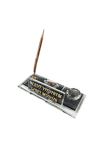 Mertkristal Kristal Masa İsimliği Kalemli Ofis Hediyesi M112-Gold