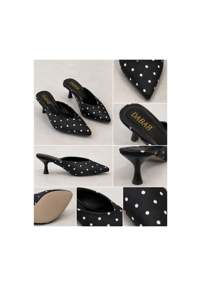 Dabab Shoes Sevılla Puantiye Desenli Siyah Saten Sivri Burunlu 5 Cm İnce Topuklu Mule Terlik