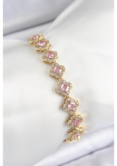 Pirinç Zirkon Taşlı Pembe Yonca Baget Model Gold Renk Vıp Seri Kadın Bileklik Çok Renkli