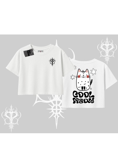 Startmore Startmore Cool Meow Yazılı Sevimli Kedi Arka Baskılı Oversize Crop Tshirt Beyaz