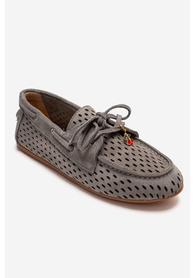 Luvishoes Stevo Gri Süet Hakiki Deri Delikli Bağcıklı Kadın Loafer Ayakkabı
