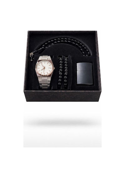 Özel Tasarım Exclusive Serisi Kutulu Çakmak Bileklik Tesbih Ve Metal Kordon Erkek Kol Saati Seti Beyaz