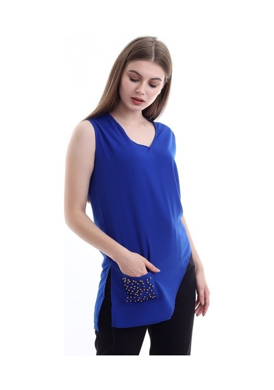 Self Clothing Kadın Saks V Yaka Cep Ve Yırtmaç Detaylı Bluz Slf1246-Saks