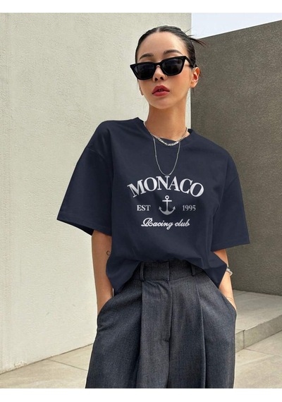 Uyguntarz Unisex Monaco Baskılı Tasarım Tshirt Lacivert