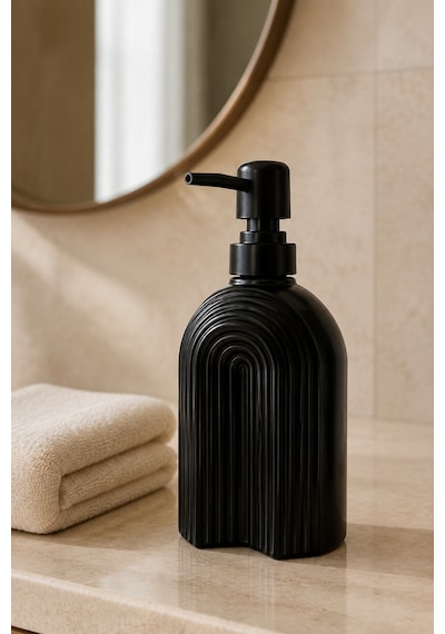 Çizgili Bohem Minimal Cam Sıvı Sabunluk - 250ml - 14x6x5.5 Cm Siyah