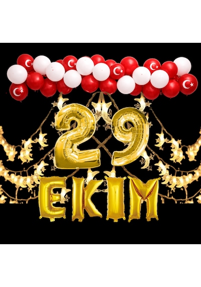 Ay-yıldız Ledli 29 Ekim Cumhuriyet Bayramı Temalı Gold Folyo Rakam Ve Harf Kırmızı Beyaz Ay Yıldız Balonlar Altın - Kırmızı