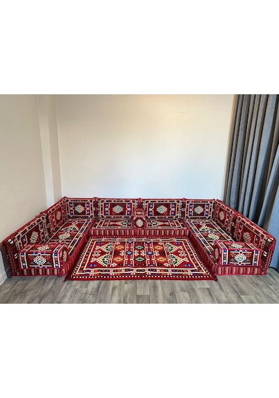 Coton Şark Köşesi Kırmızı Belkıs Desenli Minder, Kilim Takımı