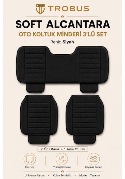Opel Combo Üniversal Soft Alkantra Çizgili 3 Parça Oto Koltuk Minderi Siyah
