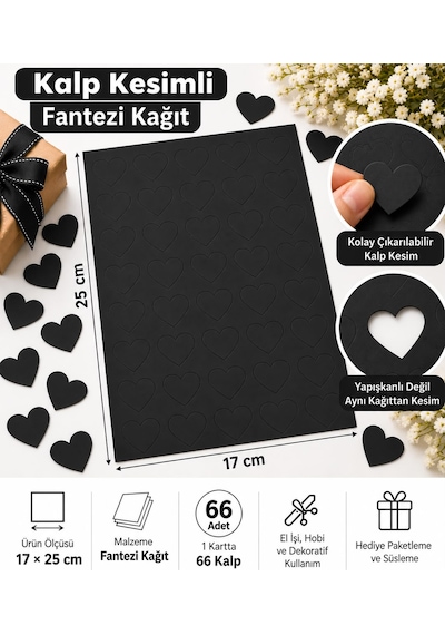 Hazır Kesim Kağıt Kalp Desen 66 Adet Siyah Fantezi Kağıt Süs, Hediye Paketleme, Dekorasyon Ve Hobi