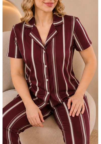 Wordex Mirano 4868 Dijital Baskı Kumaş Düğmeli Kısa Kolu Çizgili Kadın Pijama Takımı Kahverengi Wordex Mirano 4868 Dijital Baskı Kumaş Düğmeli Kısa Kolu Çizgili Kadın Pijama Takımı Kahverengi