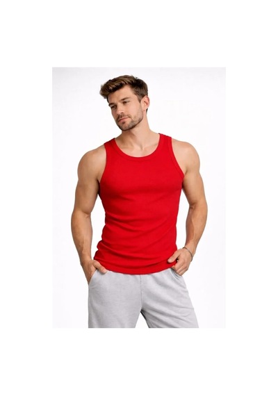 Vexor Erkek Fitilli Atlet Sıfır Yaka Slim Fit Arka Baskılı Spor Atlet - Kırmızı